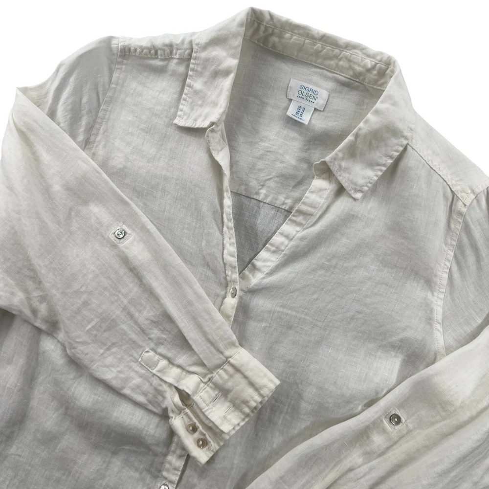 Sigrid Olsen Womens 1X White 100% Linen Roll Tab Sleeve Button Down Shirt Blouse